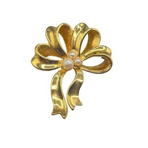 Vintage Bow with Faux Pearls Pin Brooch Gold Tone Gift Ribbon Older Avon Pin
